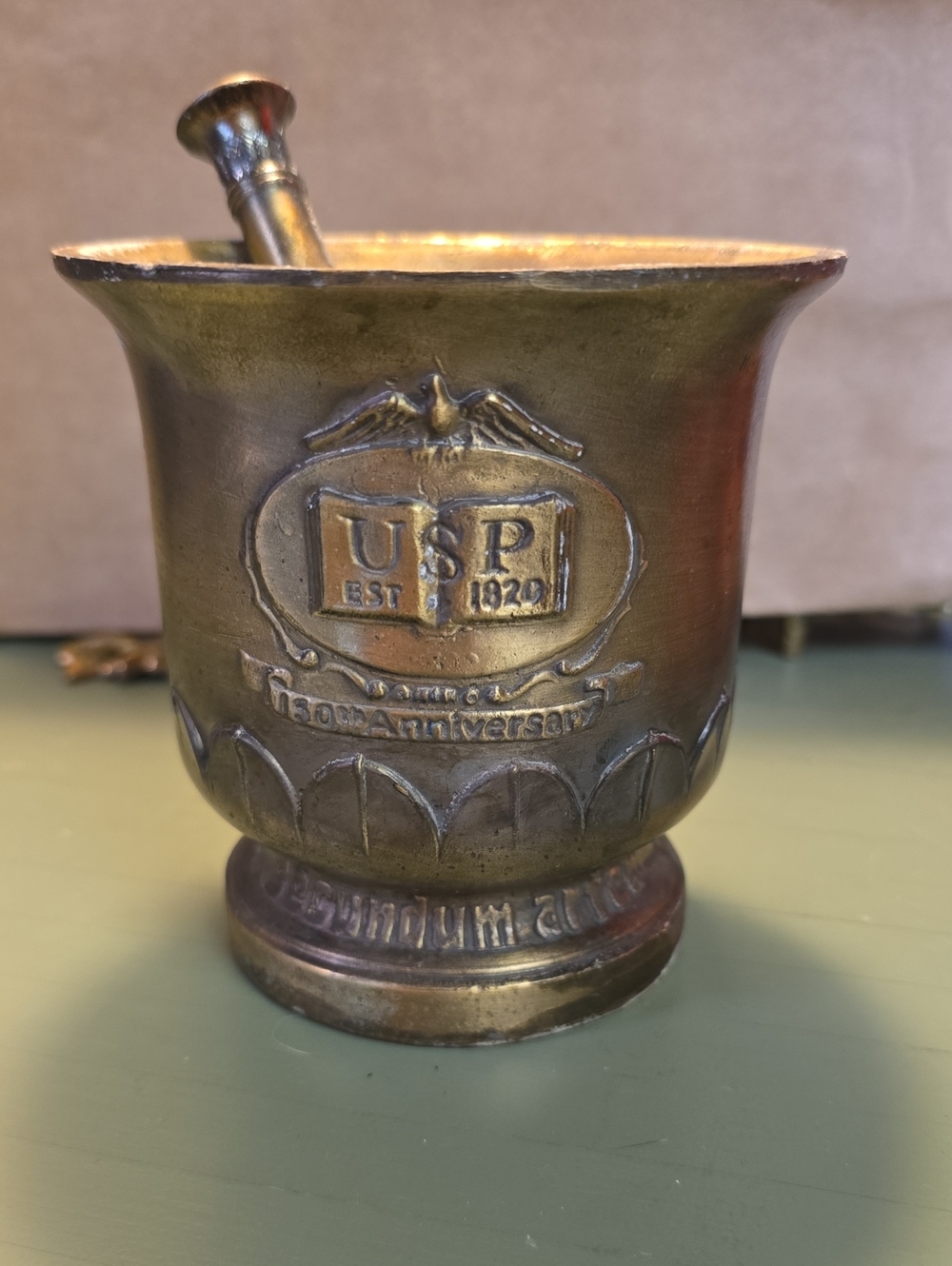 Vintage 150th Anniversary Apothicary Brass Mortar and Pestle Brass